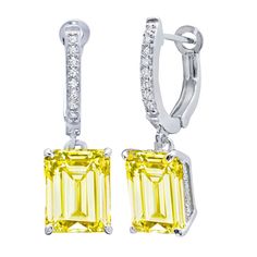 Crislu Platinum Plated Sterling Silver Emerald Shape Cubic Zirconia Fashion Earrings Yellow Cubic Zirconia Party Earrings, Elegant Yellow Hoop Earrings For Party, Elegant Yellow Dangle Hoop Earrings, Designer Pieces, Cubic Zirconia Jewelry, Unique Designers, Jewelry Cleaner, White Metal, Fashion Sense