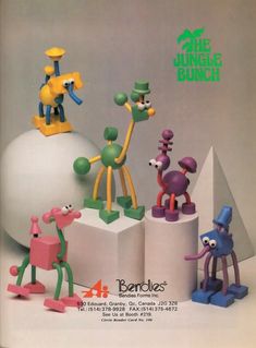 an advertisement for bendels toys featuring cartoon characters on top of a white ball with green and yellow figures