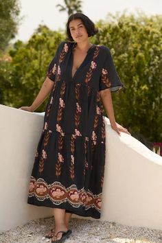 The Kallie Flowy Maxi Dress: Printed Edition | Anthropologie Casual Flowy Midi Dress For Beach Cover-up, Flowy Casual Midi Dress For Beach Cover-up, Casual V-neck Beach Dress For Day Out, Relaxed Fit V-neck Midi Dress For Beach, Relaxed Fit V-neck Maxi Dress For Vacation, Casual V-neck Beach Dress For Vacation, Beachwear Short Sleeve Midi Dress For Day Out, Short Sleeve Midi Beach Dress For Day Out, Beach Midi Dress With Floral Print And Relaxed Fit