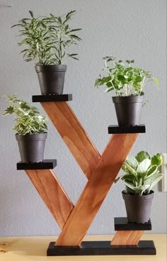 a wooden plant stand with potted plants on it