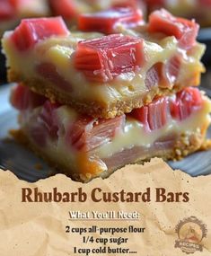 two pieces of food on a plate with the words rhubarb custard bars