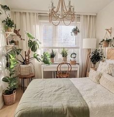 a bed room with a neatly made bed and lots of plants