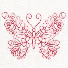 an embroidered butterfly with roses and leaves on it's wings, in red thread