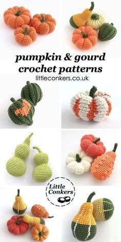 crocheted pumpkins and gourds are shown in different colors, sizes and patterns