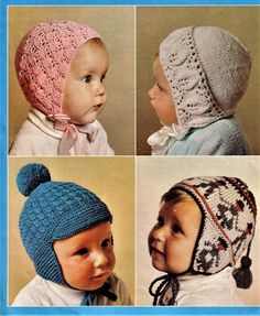 four pictures of babies wearing knitted hats