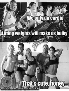 three women in bikinis with tennis rackets and the words, we only do cardio lifting weights will make us bulky that's cute, honey