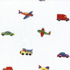 a white background with colorful vehicles and planes on it