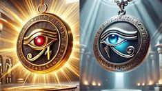 the eye of horus pendant is shown in two different images, one with red eyes and