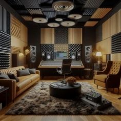 a living room filled with furniture and sound equipment