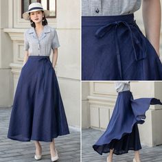 "Make a statement with this beautiful blue linen wrap skirt. The soft and flowy fabric is comfortable to wear all day, while the wrap style creates a sophisticated look that's perfect for any event. The waist tie and back elastic waist make it both stylish and functional. Pair it with a blouse and heels for a dressy occasion, or dress it down with sandals and a tee for a more casual look. This gorgeous skirt is sure to become a wardrobe favorite. DETAIL * 100% linen * Plus size Skirt, wrap skirt * Linen maxi skirt * Back elastic waistband * Perfect for Summer, Spring, Autumn * Wash by hand or machine with cold water * The model is 170 cm (5' 7\") tall with 85 cm(33.4\") bust and 67 cm(26.7\")waist. She is wearing a blue skirt in size XS. Choose CUSTOM Order if you * Need a better fit * Can Elegant Long Linen Wrap Skirt, Casual Linen Long Wrap Skirt, Blue Flared Flowy Wrap Skirt, Blue Flared Wrap Skirt, Blue Flowy Flared Wrap Skirt, Summer Linen Wide Leg Wrap Skirt, Blue Linen Long Skirt, Summer Wide Leg Linen Wrap Skirt, Blue Flared Wrap Skirt For Summer