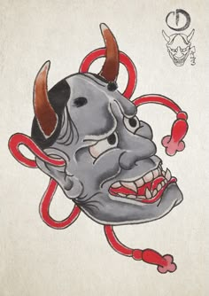 a drawing of a demon mask with horns on it's head and red cords around its neck