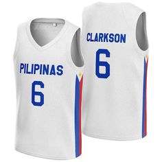 Shop Jordan Clarkson Philippines white Jersey at Jersey One for all sizes. The Jordan Clarkson Jersey features the Philippines logo on the front and Clarkson's number 6 on the back. The main color of the jersey is white, and it's made from breathable polyester fabric. Features Made of Mesh Fabric: The jersey is 100% polyester mesh fabric. It is breathable and quickly dry. Embroidery Tracking Twill or Sublimated: All letters and numbers of the jersey are stitched or sublimation printed. For Daily White Cotton Tops For Team Events, White Team Name Jersey For Fans, College White Jersey With Team Logo, White Cotton Jersey For Sports Season, White Sporty Jersey For College, White Jersey With Team Logo In Team Spirit Style, Collegiate White Jersey With Team Logo, White Team Spirit Tops For Team Events, White Jersey For Sports Season