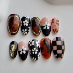 Fun Nail Designs Coffin, Nail Art Designs Press On Nails, Mixed Match Nails, Moody Spring Nails, Summer Nails With Black, Summer Ween Nails, Mix Matched Nails, Halloween Horror Nights Nails, Yallternative Nails