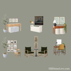 a bunch of different types of furniture in a living room with pictures on the wall