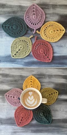 crocheted coasters with coffee cup on them