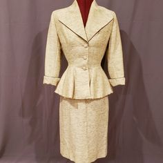 Needs Restoring! Made Of Mohair, Wool, And Silk (Which Need Special Care/Storage), And At Some Point She Wasn't Properly Cared For. I Plan To Seal The Fraying Edges And Find Appliques In Black That Would Complement The Garment, To Cover Up The Holes At The Back. Would Like Her Buyer To Give Input Into Applique Design. If Interested- Comment Below! Blazer- Bust Measures 36" Waist Measures 26" Shoulder-To-Shoulder Measures 15" Skirt- 25.75" Waist Measures Hip Measures 37" Length Is 25.5" Classic Fitted Beige Skirt Suit, Classic Beige Fitted Skirt Suit, Elegant Fitted Lined Skirt Suit, Elegant Beige Fitted Skirt Suit, Vintage Formal Lined Skirt Suit, Vintage Lined Skirt Suit For Formal Occasions, Vintage Fitted Skirt Suit For Formal Occasions, Elegant Fitted Cream Skirt Suit, Lilli Ann