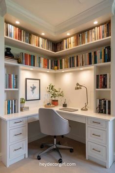 a home office with bookshelves and desk