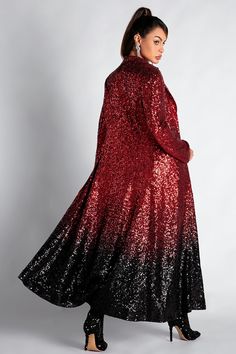 Step into the spotlight with our Taylor Inspired Aris Long Sleeve Gradient Sequin Coat, a dazzling piece designed to make a statement. This coat features an eye-catching gradient of red to black sequins that shimmer with every movement, ensuring you’re the center of attention. The long sleeves and floor-length design offer a dramatic flair, while the high-quality sequin material adds a luxurious touch to your outfit. Perfect for high-end events, galas, or nights out, this coat is your ultimate c Red Long Sleeve Sequined Outerwear, Sequin Coats, Sequin Material, Glitter Boots, Red Ombre, Halloween Dress, Black Sequins, Concert Outfit, Floor Length