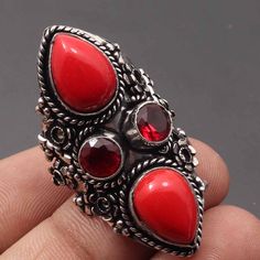 Red Coral Garnet Quartz Ring Jewelry Antique Style Ring Gemstone Ring Jewellery Sterling Silver Plated Ring Jewellery Gift For Her Materials  Sterling Silver Plated Ring US Size   8.5 Stone Name -Red Coral Garnet Quartz Stone Color  - Red Shipping Policy We do ship through DHL, UPS, INDIA POST.  I make more than 50 different gemstones. If you want other gemstones, Please inbox me. I'll show you the pictures before you buy. We will move forward only when you are satisfied. I can also make the ring in: Silver plated All kinds of customizations can be done. Try to keep it away from water. If it comes in contact of water then clean with a dry cotton cloth ASAP for the polish to stay longer. All shipping is tracked. Shipping through DHL Express shipping available in USA, UK and Australia I love Bohemian Red Anniversary Rings, Red Rings With Stones For Gift, Red Rings With Stones As A Gift, Red Bohemian Jewelry For Anniversary, Bohemian Red Jewelry For Anniversary, Red Open Ring For Jewelry Making, Bohemian Ruby Ring For Gift, Bohemian Red Gemstone Rings, Handmade Red Crystal Open Ring