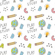 seamless pattern with letters, pencils and globe on white background for children's room