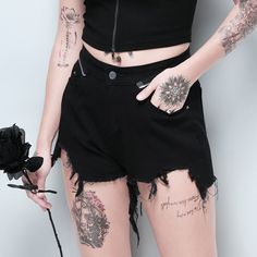 Gender: Women Item Type: Shorts Material: Spandex Material: Polyester Style: Gothic Pattern Type: Solid Decoration: Tassel Waist Type: High Fit Type: skinny Closure Type: Zipper Fly Pant Style: REGULAR Material Composition: jeans Model Number: 92111 Black Mid-rise Punk Bottoms, Punk Black Mid-rise Bottoms, Punk Style Black Mid-rise Bottoms, Punk Style Mid-rise Black Bottoms, Black Stretch Punk Jeans, Fitted Cutoff Bottoms For Streetwear, Alternative Style Ripped Black Bottoms, High Waist Stretch Grunge Bottoms, Grunge High Waist Jean Shorts With Built-in Shorts