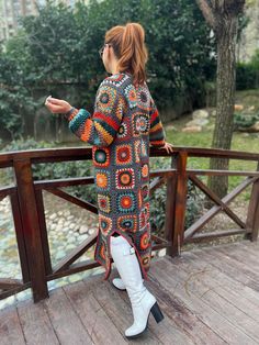 Multicolor Long Sweater For Fall, Long Multicolor Sweater For Fall, Casual Long Multicolor Sweater Coat, Multicolor Long Sweater Coat For Winter, Colorful Knitted Cardigan For Fall, Crochet Acrylic Outerwear For Fall, Colorful Long Sleeve Cardigan For Winter, Long Multicolor Bohemian Sweater, Long Sleeve Crochet Outerwear For Fall