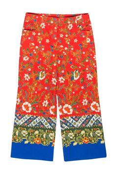 Current Boutique-Tory Burch - Red w/ Blue Floral Print Straight Leg Dayton Pants Sz 6 Statement Pants, Cotton Trousers, Blue Floral Print, Pocket Belt, White Blouse, Blue Floral, Casual Pants, Open Toe, Tory Burch