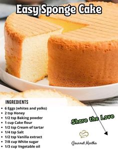 the instructions for how to make a sponge cake on a white plate with slices cut out