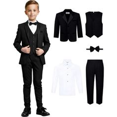 The transformation from toddler to gentleman is easy with this handsome toddler's tuxedo set. Complete with a single-breasted notch lapel jacket with satin accents and a matching pair of tuxedo trousers, a classic pleated white tuxedo shirt, and a color-coordinating satin-finish vest and pre-tied adjustable bow tie, it features almost everything required for a finished formal look. Whether you choose the clean and uninterrupted style of a pure white tuxedo and accessories, or the contrast of bla Toddler Tuxedo, Kid Tuxedo, Wedding Mint, Bow Tie Suit, Vest And Bow Tie, Boys Tuxedo, Formal Vest, Tuxedo Vest, Formal Tuxedo