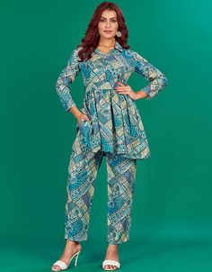 Trendy Function Wear Cotton Top With Pent Co-Ord Set Collection Eastern Blue Cotton Pant Suit Front View Pent Top Design, Top Designs For Women, Boring Clothes, Pant Suit, Co Ords, Cotton Bottoms, What's App, Hip Dress, Work Tops