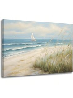 a painting of a sailboat on the ocean with sand and sea oats in the foreground