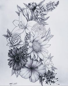 a black and white drawing of flowers