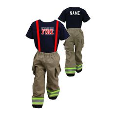 PRICES MAY VARY. Personalized on Front with Fire Department of Your Choice Personalized on Back with the Child Name of your choice Includes ONE Shirt & ONE Pants Personalized name is Professionally Thermal Bonded Personalized Items are not Eligible for Return or Exchange Go above and beyond with this adorable Firefighter Outfit. This outfit includes ONE Shirt and ONE pair of Pants. It's the perfect way for your little one to show their Firefighter Pride! Great for Halloween, Baby Showers, Birthd Short Sleeve Sets With Pockets For Playwear, Playwear Sets With Pockets And Short Sleeves, Firefighter Pants, Firefighter Outfit, Turnout Gear, Firefighter Costume, Bunker Gear, Red Vinyl