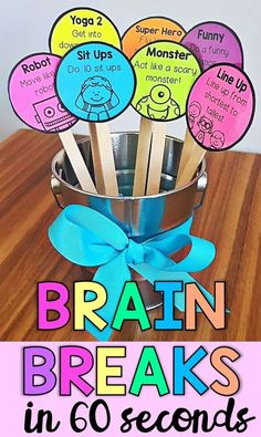 a cup full of toothbrushes with the words brain breaks in 60 seconds