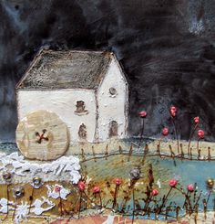 a painting of a house with flowers in the foreground and a body of water behind it