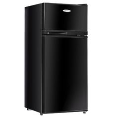 a black refrigerator freezer sitting on top of a white wall