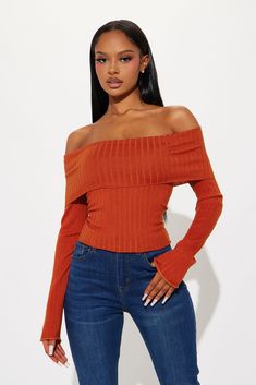 Available In Rust And Olive. Pullover Sweater Long Sleeve Off Shoulder Fold Over Detail Ribbed 69% Rayon 31% Polyester Imported | Try It Out Sweater in Rust size XS by Fashion Nova Fashion Nova Outfits Winter, Trendy Off-shoulder Knit Top For Fall, Ribbed Off-shoulder Winter Tops, Winter Ribbed Off-shoulder Tops, Fitted Knit Off-shoulder Top, Knit Crop Top For Fall, Fall Off-shoulder Fitted Sweater, Fall Fitted Off-shoulder Sweater, Stretch Off-shoulder Long Sleeve Top For Fall