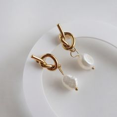 Knotted Pearl Drop Earrings - JESSA JEWELRY | GOLD JEWELRY; dainty, affordable gold everyday jewelry. Tarnish free, water-resistant, hypoallergenic. Jewelry for everyday wear Knot Gold Earrings, Knotted Earrings, Everyday Gold Jewelry, Everyday Jewelry Gold, Modern Gold Jewelry, Branch Necklace, Writing Accessories, Hypoallergenic Jewelry, Knot Earrings