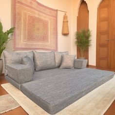 a living room with a couch, rug and potted plant