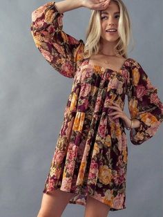 Fall in Love Floral Babydoll Dress-Dresses-Z & Joxa Co. Flowy Square Neck Mini Dress For Fall, Fall Mini Dress With Ruffles And Square Neck, Fall Mini Dress With Ruffle Hem And Square Neck, Fall Square Neck Dress With Ruffle Hem, Fall Mini Length Tiered Dress, Floral Print Mini Dress With Square Neck For Fall, Floral Print Square Neck Mini Dress For Fall, Fall Floral Print Mini Dress With Square Neck, Flowy Tiered Mini Dress For Fall