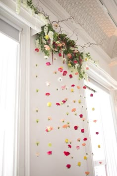 flowers are hanging from the ceiling in front of a white wall with green and red accents