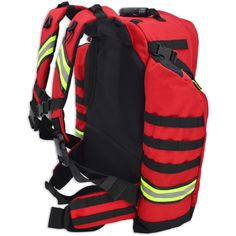 a red and black backpack with reflective stripes