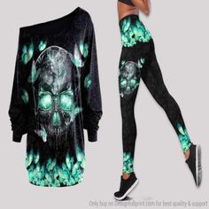 Teal Skull Butterflies Off Shoulder Long Sleeves Top and Leggings Set LN Easy 30 day return policy Casual Skull Print Leggings, Skull Gifts, Skull Clothing, Leggings Set, Sleeves Top, Size Charts, Fashion Company, Production Process, Mens Tank Tops