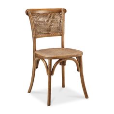 a wooden chair with wicker seat and backrests on an isolated white background