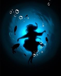 the silhouette of a girl is surrounded by fish and bubbles in this dark blue background