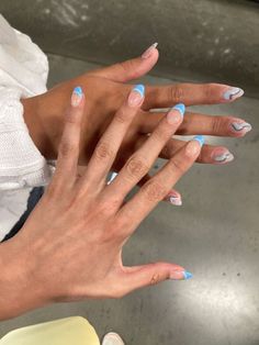 Blue french tip blue squiggle almond nails inspo White French Tip Nails With Blue Design, Blue Tip Almond Nails, Blue Squiggle Nails, Blue Almond French Tip, White And Blue French Tip Nails, Blue French Tip Nails With Design, Rounded Almond Nails, Blue French Tip Nails Almond, Blue And White French Tip Nails