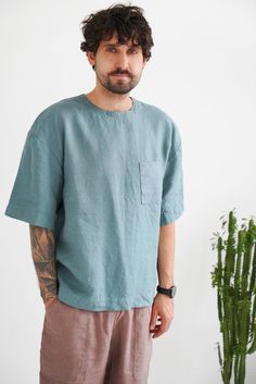 Mens Linen T-shirt Oversize T-shirt Wide Sleeve T-shirt - Etsy Linen Tshirt Men, Blouse Men Outfit, Relaxed Fit Linen T-shirt, Casual Linen T-shirt For Summer, Casual Linen Crew Neck T-shirt, Blue Linen Crew Neck Top, Relaxed Linen Short Sleeve T-shirt, Relaxed Linen T-shirt, Relaxed Linen T-shirt With Crew Neck