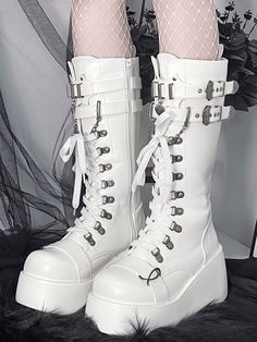 Knee high punk goth white platform boots with side zipper closure, buckle straps with metal heart charm and chain, adustable lace up. Fabric:PUShoes Details:Buckle Straps / Lace-up Closure / Zip Closure at Sides Size 34 35 36 37 38 39 40 Foot Length 21.6-22 22.1-22.5 22.6-23 23.1-23.5 23.6-24 24.1-24.5 24.6-25 Width 8.5 8.5 8.5-9 9-9.5 9.5 9.5-10 10-10.5 Platform / Heel 4.5-7.5 4.5-7.5 ... Mary Jean Shoes, Winter Wedges, White Platform Boots, Vampire Cosplay, Jean Shoes, Boots 2023, Women Motorcycle, Women's Motorcycle Boots, Kawaii Shoes