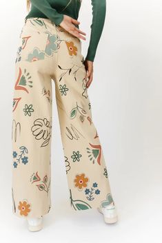 andi floral pants – shop zoco Pants With Flowers, Beige Linen Pants, Draped Cardigan, Basic White Tee, Denim Art, Stretch Denim Fabric, Printed Wide Leg Pants, Drape Cardigan, Pants Large