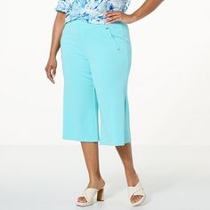 Nina Leonard Tummy Smoothing Culotte Pant  Flattery gets you everywhere. Designed with a smoothing interior waistband, this wide leg culotte pant is the perfect complement to your wardrobe and figure. Chic Blue Wide Leg Culottes, Blue Wide-leg Culottes For Spring, Blue Capri-length Bottoms For Work, Chic Capri Length Bottoms With Pockets, Blue Capri Length Bottoms For Work, Blue Cropped Wide Leg Pants For Workwear, Blue Cropped Wide Leg Workwear Pants, Culotte Pants, Weave Style